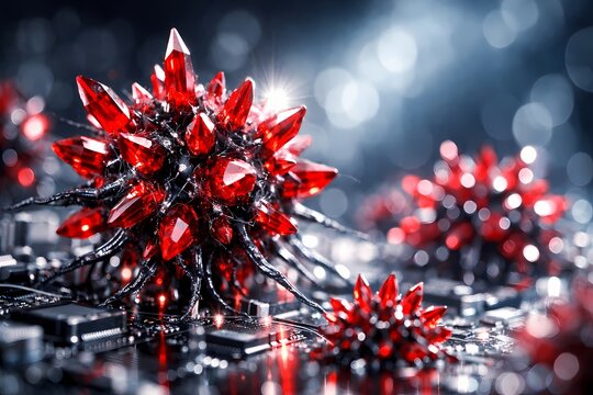 This sharp illustration showcases sharp red crystal virus structures growing on a technology board ideal for digital infection concepts cyber threats and malicious computer program designs