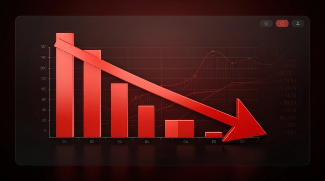 A digital graph shows a downward trend in red, illustrating declining metrics over time with bar and line representations of data.