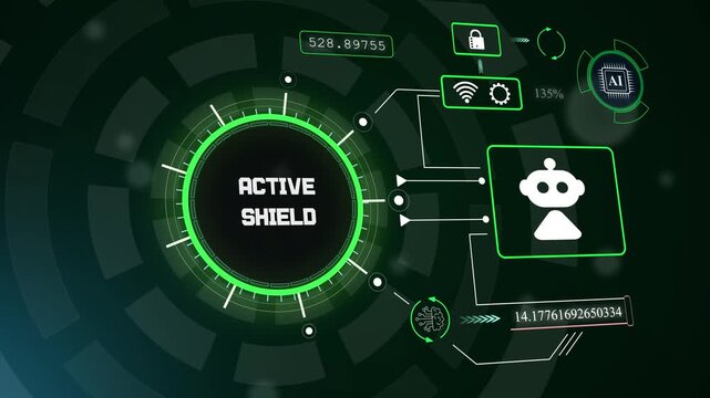 Advanced active shield interface displaying automated network security defense protocols and cyber firewall protection, hud animation
