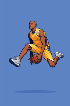 Basketball player jumping high for a slam dunk.