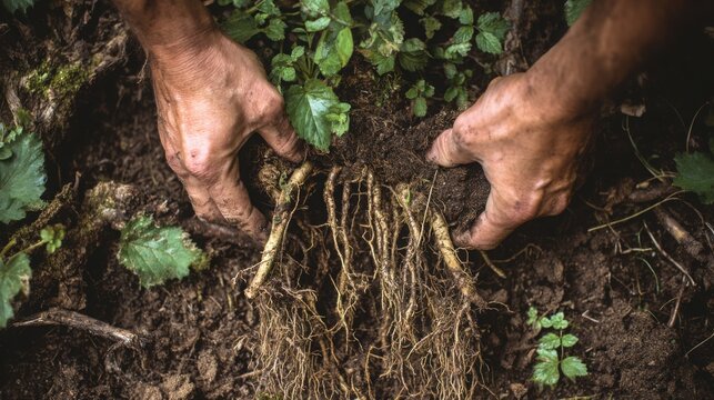 hands digging out roots from forest soil dirt texture wild plants rustic scene close