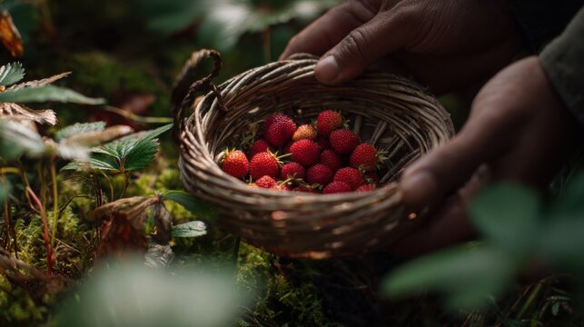 hands picking wild strawberries into small woven basket forest ground natural light close up authentic scene