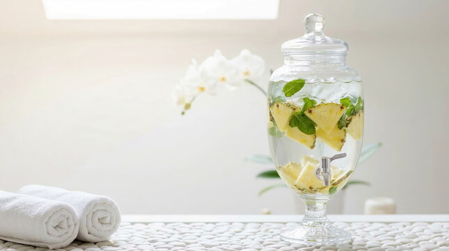 Infused water dispenser with pineapple and mint, rolled white towels on white pebble surface in serene spa setting, for wellness and healthy refreshment.