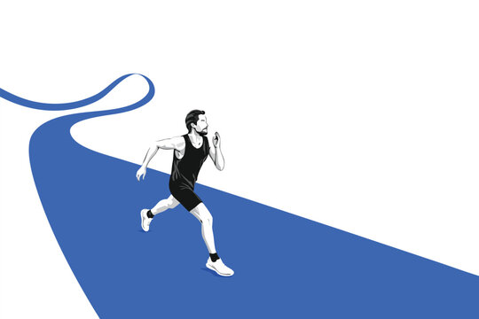 Runner sprinting on a blue abstract path.