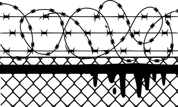 Black barbed wire fence with dripping paint white background, razor security
