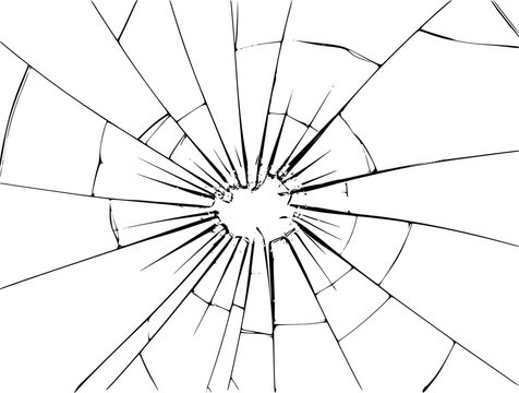 Black radial cracks transparent glass surface, shattered effect broken impact