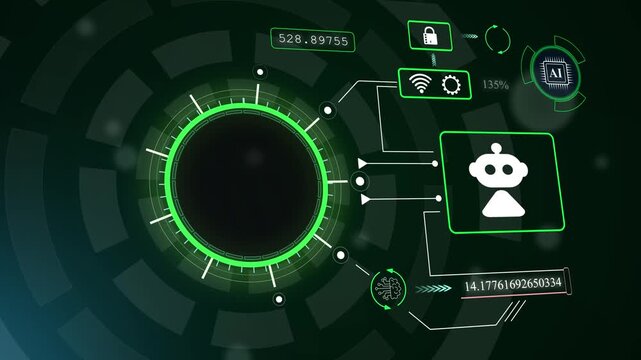 Modern electronic interface featuring glowing technical core elements and precise algorithmic symmetry in a deep green cyber environment, hud animation