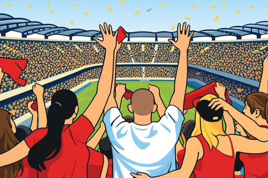 Fans cheering in a stadium during a sports event.