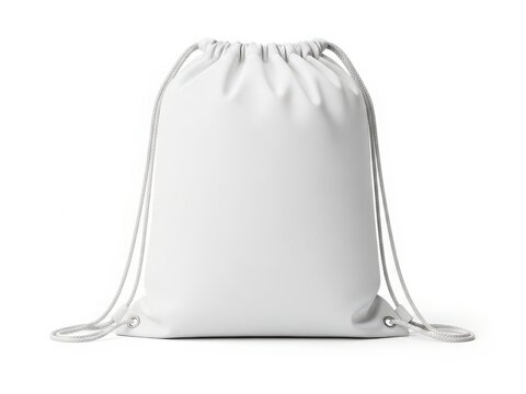 A stylish white drawstring bag with intricate silver chain details.