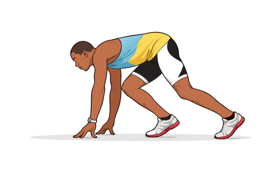 Sprinter in starting position on a track.