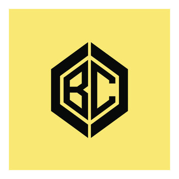 Black and yellow logo with letters bc in a hexagon shape icon