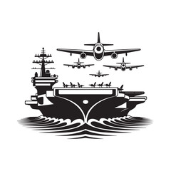 Obraz premium Aircraft carrier with fighter jets in a black and white illustration