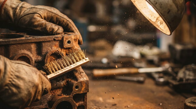 Engine repair with gloved hand wire brushing rusty block in workshop, automotive restoration process.