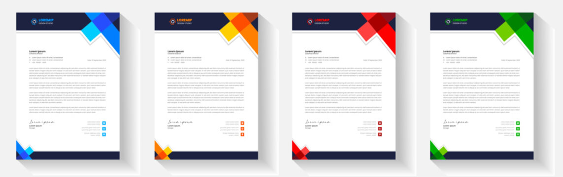 Four letterhead templates with colorful geometric designs on white paper  business correspondence sheets with navy blue headers and footers