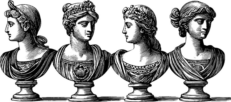 Classical female busts arranged in engraved studio display