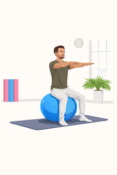 Man doing balance exercises on a fitness ball in a living room.
