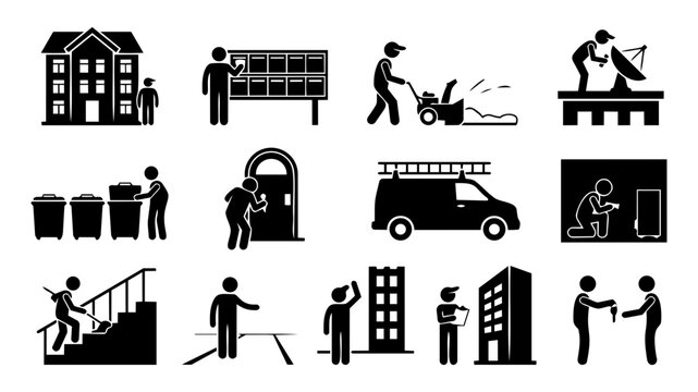 Property Management and Caretaker Service Icons &ndash; Building Maintenance Scene Silhouettes