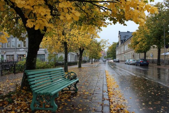Wet, leaf-strewn sidewalk and street with empty park bench in autumn