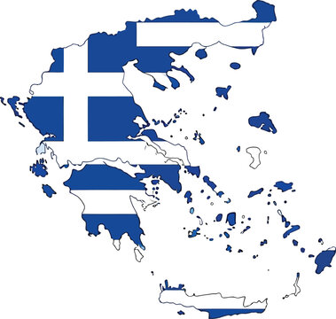 Geographical map of greece featuring the national flag with blue and white