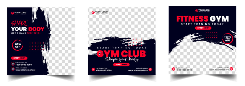 Gym fitness social media post templates with brush strokes and checkered backgrounds for advertising and marketing campaigns online  customizable with your logo and information