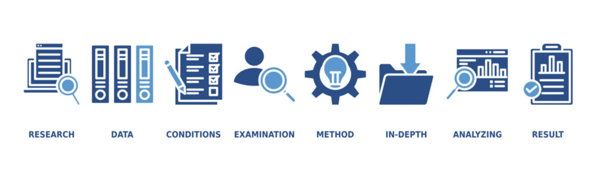 Case study banner web icon vector illustration concept with icon of research, data, conditions, examination, method, in-depth, analyzing, and result
