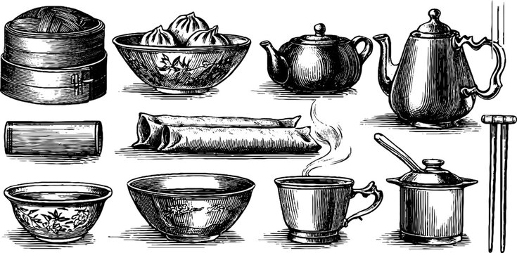 Assorted teapot cups and steamed rolls on dining counter