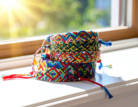 Vibrant handmade friendship bracelets stacked on a sunlit windowsill. This colorful symbol of craft and unity is ideal for creative DIY, fashion, and summer youth lifestyle imagery.