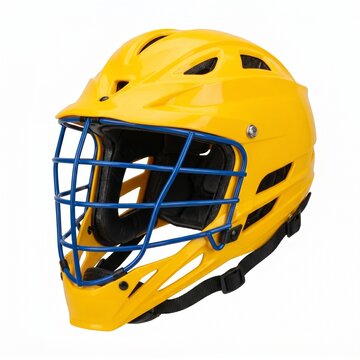 Bright yellow protective sports helmet with blue cage face mask isolated on white background