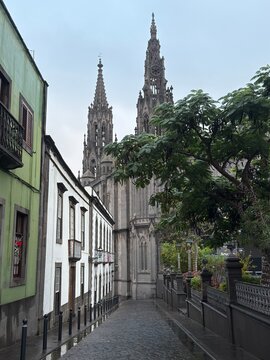Impressive gothic Arucas Cathedral rising above a narrow cobblestone street after rain in Arucas village, Gran Canaria, Canary Islands, Spain.