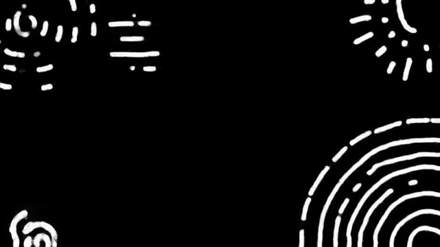 dynamic abstract animation of evolving pure white line art: radiating bursts, spirals, arcs, dashed lines, geometric shapes on a deep black background, clean minimalist motion graphics concept