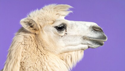 Fototapeta premium Close-up side profile of a white fluffy alpaca against a solid purple background