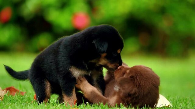 Adorable Puppies Playing Together on Green Grass. interaction and companionship in a vibrant outdoor garden. 