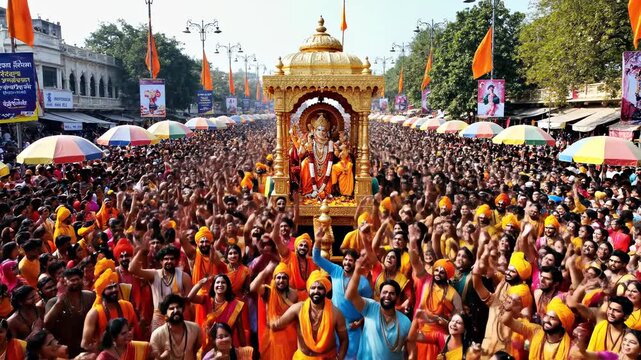 Grand Rath Yatra festival, vibrant religious procession, devotees celebrating, ornate golden chariot, spiritual gathering, traditional Indian ceremony, joyful celebration, bright colorful attire,