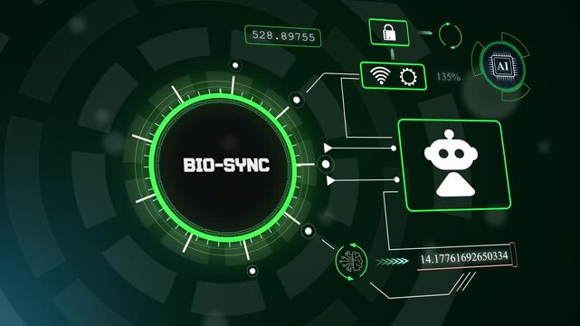 Advanced bio-sync interface with robotic icon for automated biological data synchronization and intelligent health monitoring, hud animation