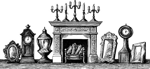 Naklejka premium Antique mantel clock and decorative objects on fireplace