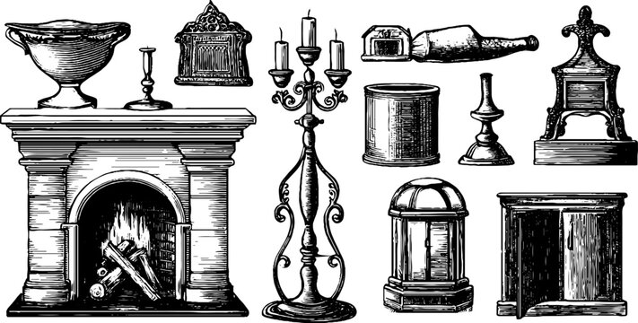 Stone fireplace and tall candelabrum with assorted ornaments