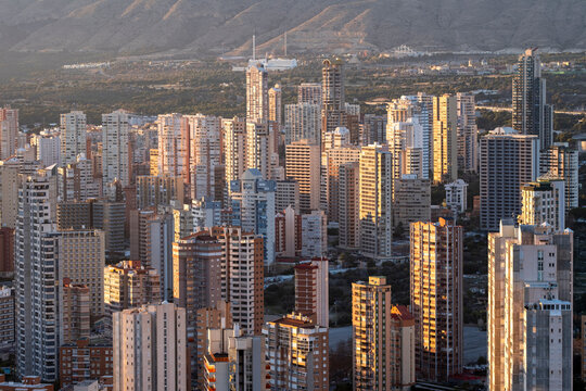 Expansive urban city view shows highrise skyscrapers and architecture shaping the skyline of Benidorm in Alicante Valencian Spain