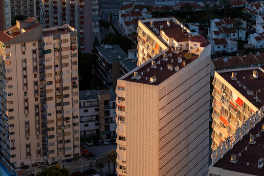 Rooftop perspective shows urban city architecture with highrise buildings forming a striking skyline above Benidorm in Alicante Valencian Spain