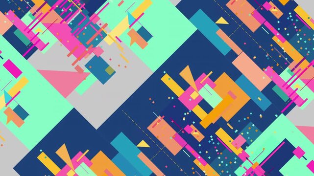 黒背景に鮮やかなネオンカラーの幾何学的ブロックとラインが交差する抽象デザイン。テクノロジーと情報の密度を象徴するデジタルアート背景。