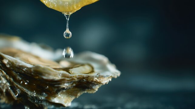 lemon juice drop squeezing onto fresh oyster, macro moment frozen in time, cold seafood aesthetic, ultra detailed liquid motion, cinematic lighting