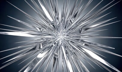 Fototapeta premium Stunning chrome metal spike explosion with sharp reflective needles radiating from a central core in a monochromatic grey background creating a dramatic metallic sunburst effect for tech art