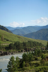 Fototapeta premium The beautiful nature of Altai from a bird's eye view, a river with a view of the mountains