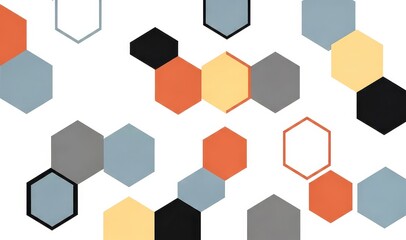 Fototapeta premium Geometric pattern of flat hexagonal tiles arranged in a modern minimalist layout with a muted color palette of orange yellow grey and black on a crisp clean white empty background space