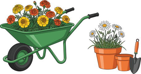 Gardening tools and flowers vector illustration featuring wheelbarrow with blooming plants, potted daisies and shovel in colorful garden design style © mdanichur