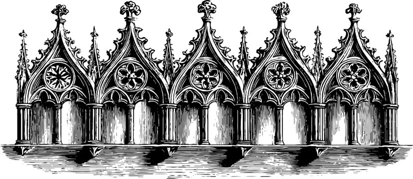 Gothic architectural tracery arches displayed on stone ledge
