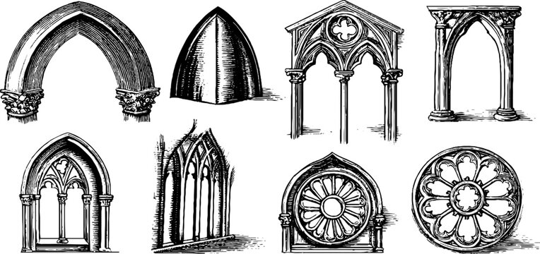 Gothic window and arch details displayed in isolated study