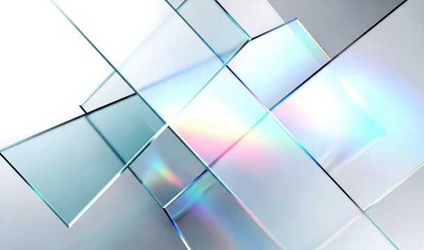 Minimalist Abstract Background Featuring Translucent Glass Plates Layered with Soft Prismatic Light Refraction Creating a Colorful Rainbow Spectrum on a Clean White Surface Background