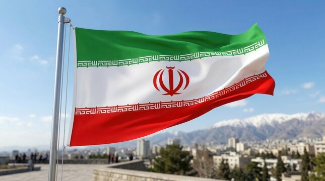 Iranian flag waving in the wind with a cityscape and mountain range in the background under a clear blue sky
