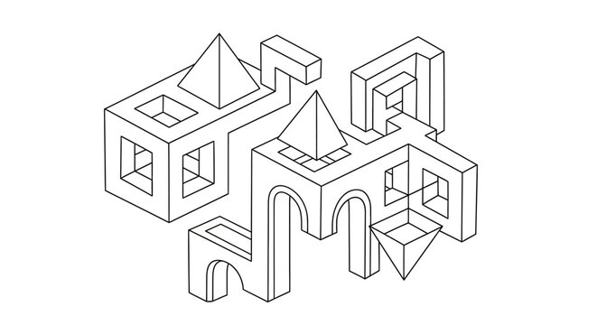 Impossible Geometry Structure Isometric Line Art Illustration