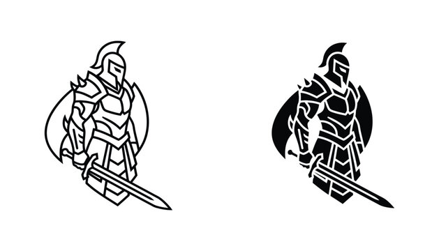 Medieval spartan knight warrior holding sword vector illustration set featuring armored soldier in outline and solid black silhouette styles for gaming